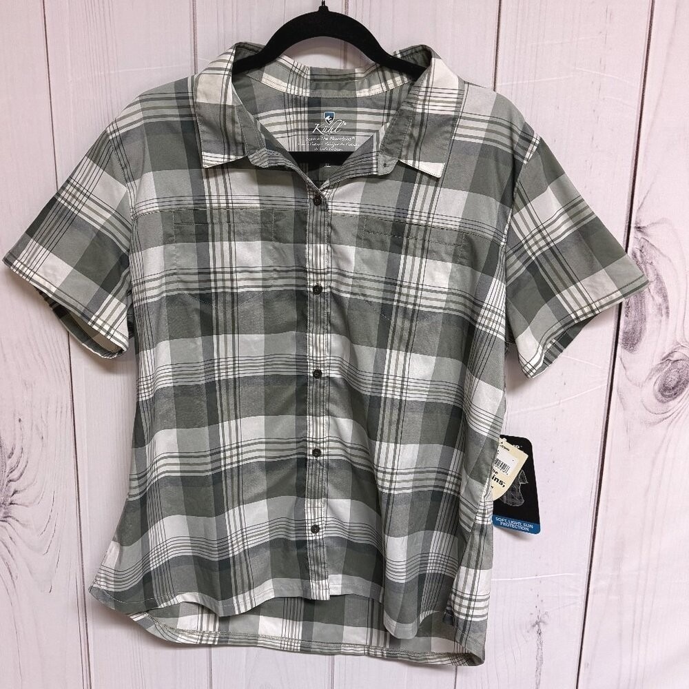 KÜHL Womens Kamp‎ Shirt XL Sage Plaid Short Sleeve Button Up Hiking NWT